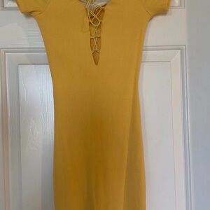 Mustard Yellow Lace-Up Ribbed Bodycon Dress - Women